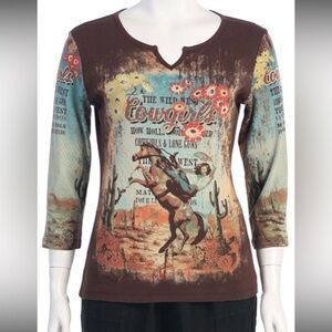 Vintage Katina Marie Wild West Mustangs Horses 3/4 Sleeves Women Cowboy T-Shirt